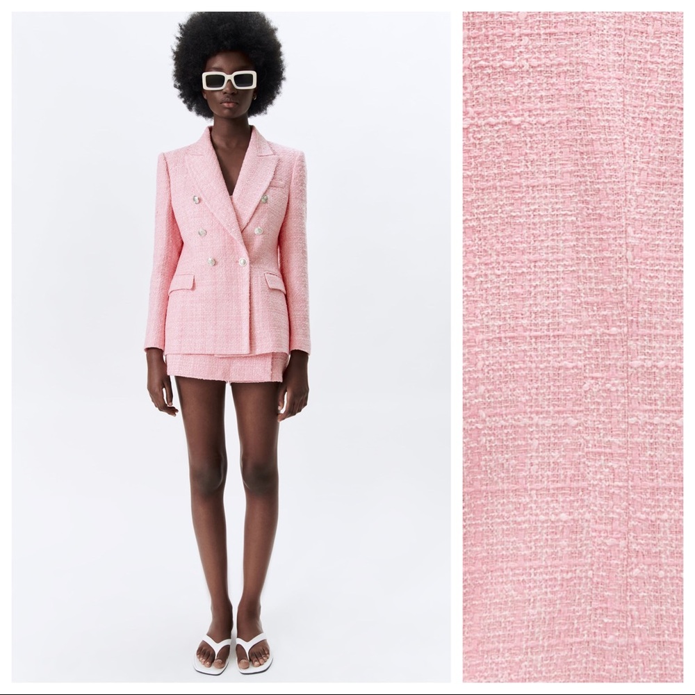 NWT. Zara Pink Textured Check Double-Breasted Fitted Blazer. Size S.